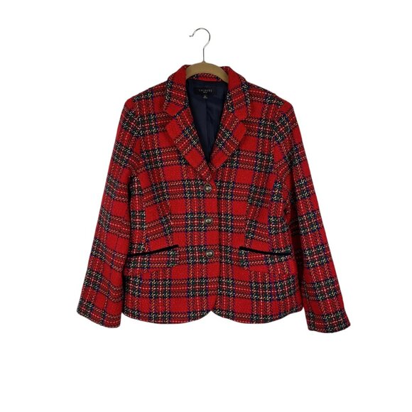 Talbots Holiday Plaid Blazer Classic Red Plaid Heavyweight Wool Blend Size 10P - Picture 1 of 10